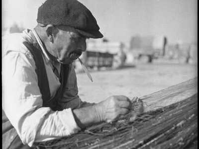 Proprio un baffutto pescatore non sfugge all�occhio attento del fotografo, mentre � intento a intrecciare con pazienza le sue reti davanti al mare

(F. Alexander Turnbull Library, Welligton, NZ. Ref. DA-04515-F)